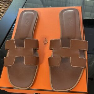 Hermes Brown Leather Sandals with Iconic H Design